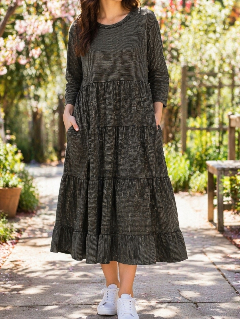 NWT Angela Mara Olive Green Pinstripe Tiered Midi Dress Made In Italy Boho Chic